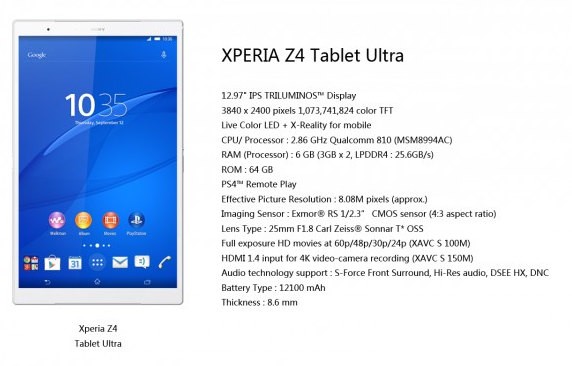 В сеть «утекли» спецификации сверхмощного планшета Sony Xperia Z4 Tablet Ultra