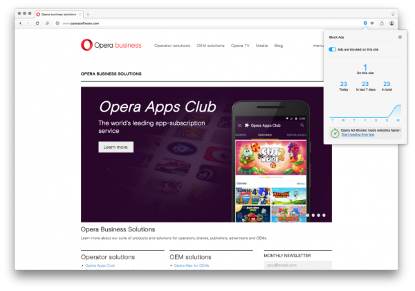 В Opera встроили блокировщик рекламы