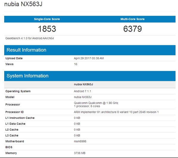 Рассекречены характеристики ZTE Nubia NX569J с мощным процессором Qualcomm Snapdragon 835